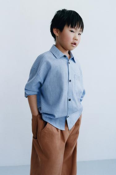 Zara STRIPED COTTON LINEN SHIRT - Blue