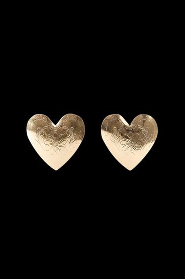 Zara TEXTURED HEART EARRINGS - Golden - Image 0