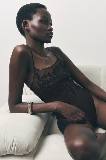 FLORAL EMBROIDERY MESH BODYSUIT - Black by Zara