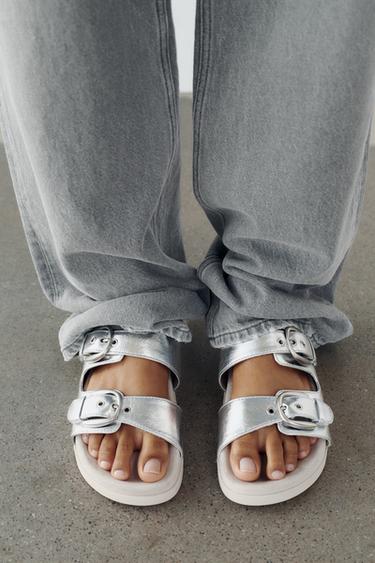 BUCKLED FLAT SLIDER SANDALS - Silver by Zara