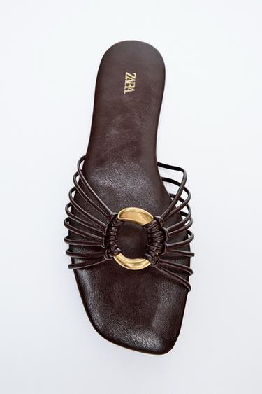 Zara FLAT SANDALS WITH METALLIC TRIM - Brown