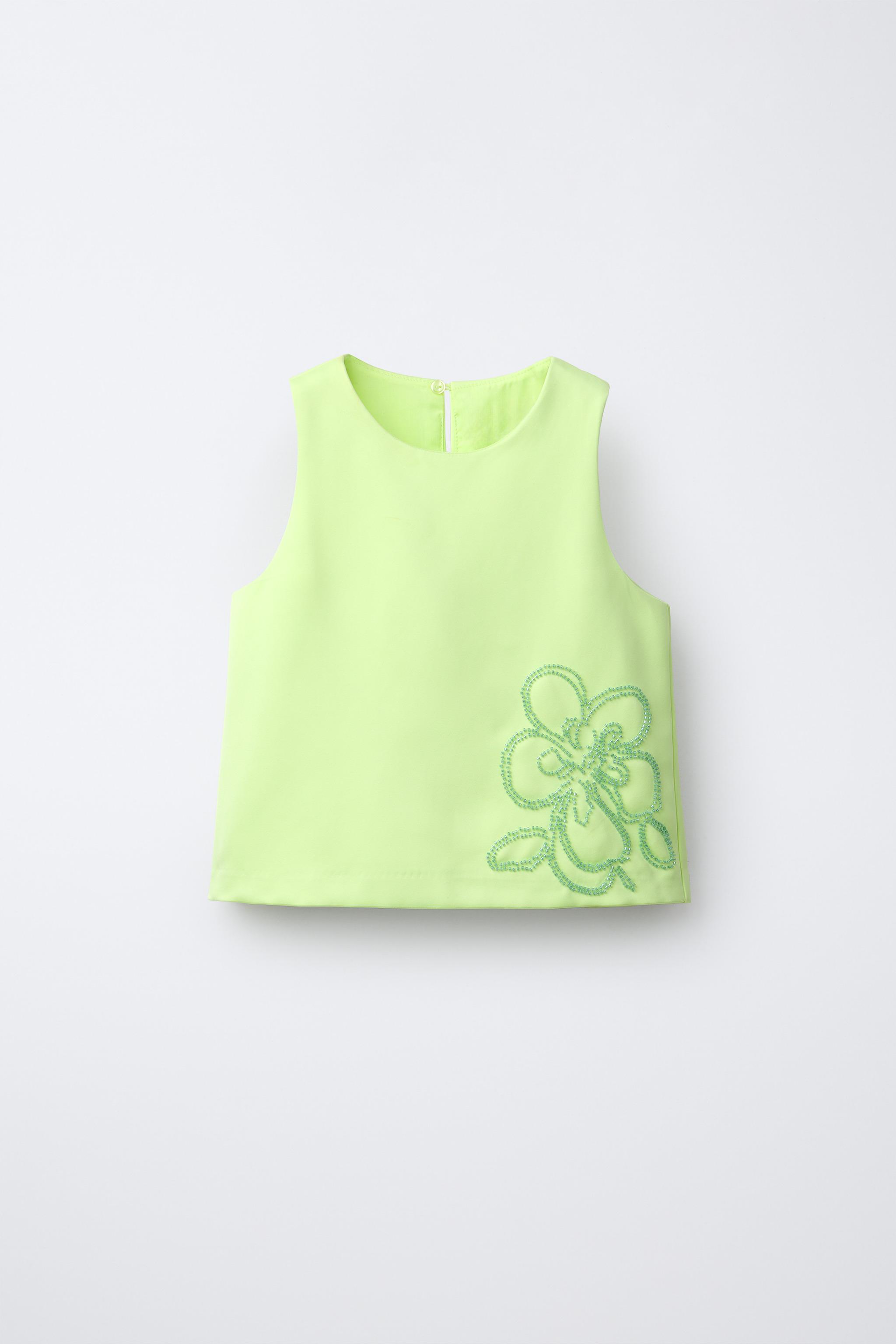 EMBROIDERED BEADED FLOWER TOP - Lime green | ZARA United States