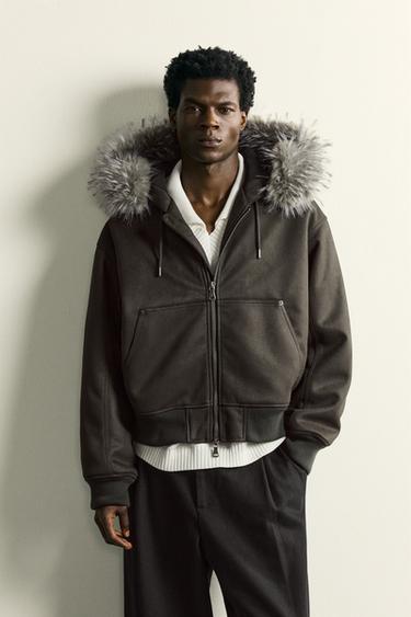 FAUX SUEDE SHEEPSKIN HOODED JACKET - Dark khaki by Zara