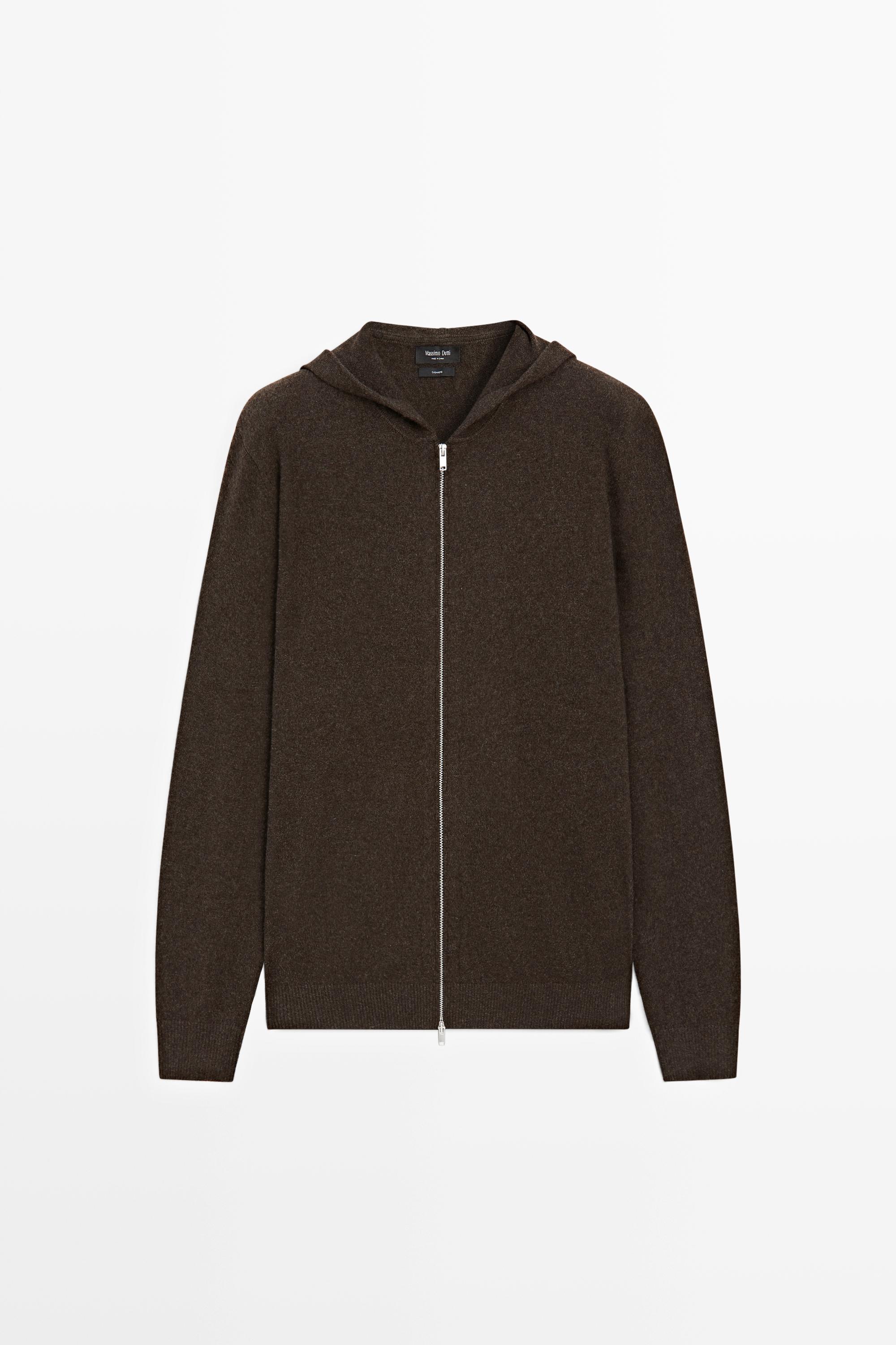 100% cashmere hooded knit cardigan — Brown marl