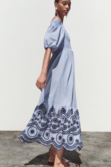 ROBE MIDI RAYURES BRODÉE - Bleu / Indigo de Zara - Image 2