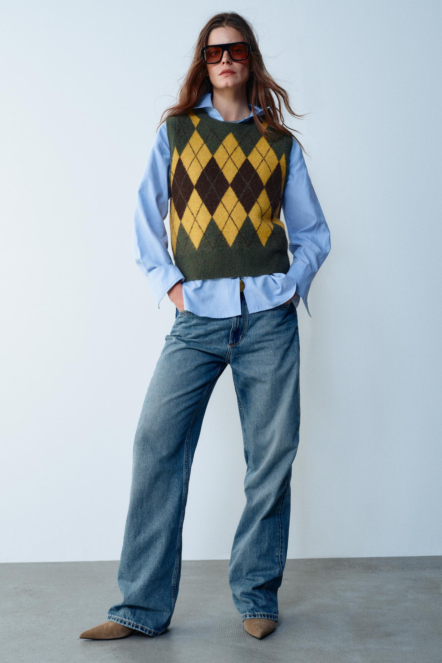 Женский жилет Zara Soft Knit Argyle Vest, цвет: Разноцветный — фото 1