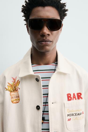 Zara RELAXED FIT GRAPHIC PRINT OVERSHIRT - Ecru