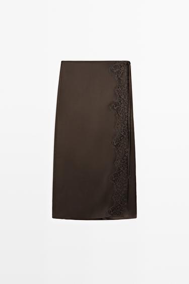 Zara 100% silk lace-detail pareo skirt - Chocolate - Image 0