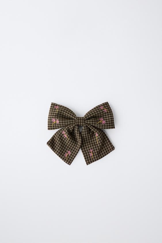 Zara GINGHAM FLORAL BOW HAIR TIE - Beige - Image 0