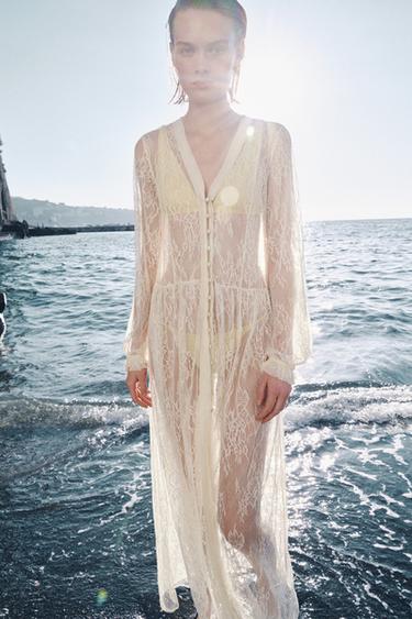 Zara ZW COLLECTION LONG LACE DRESS - Oyster-white