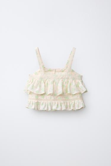 FLORAL DOUBLE-RUFFLE TOP - Green / Ecru by Zara - Image 1