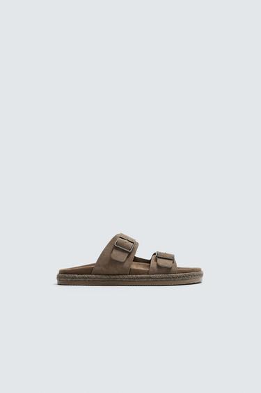 Zara DOUBLE STRAP LEATHER SANDALS - Taupe Gray