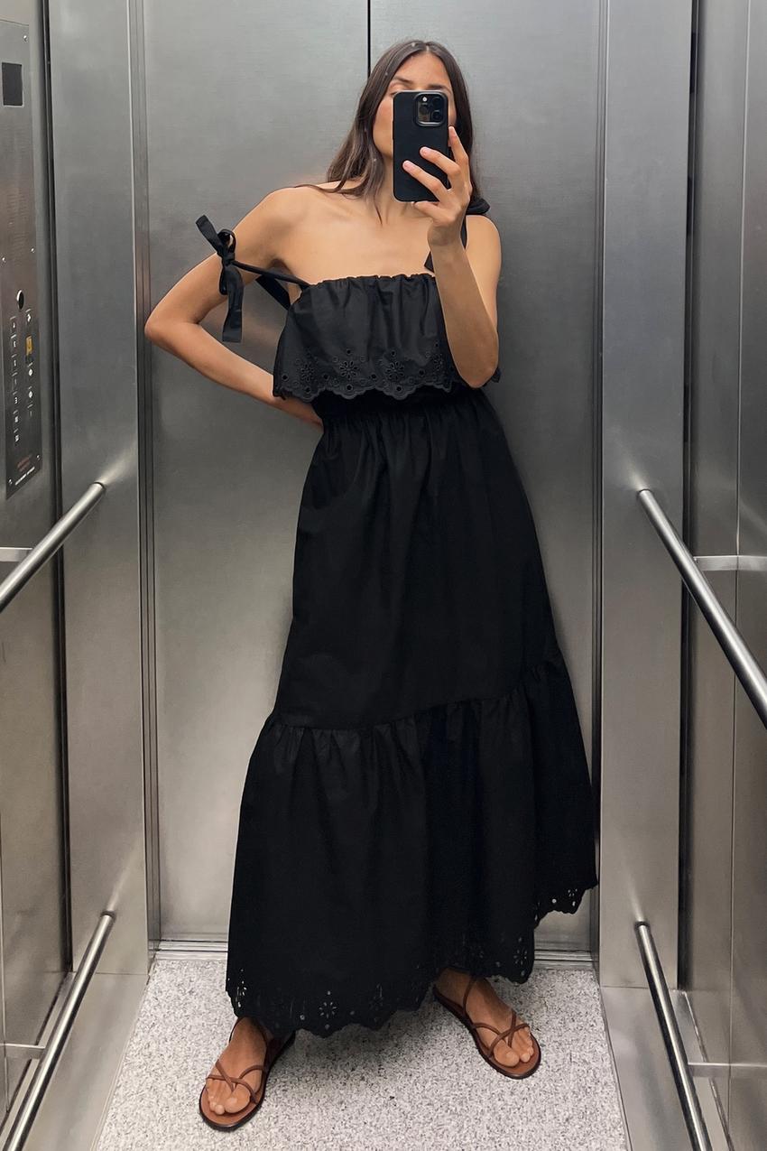 カットワーク エンブロイダリー ミディワンピース - ブラック | ZARA 