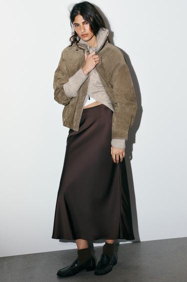 SATIN MIDI SKIRT - Dark aubergine by Zara