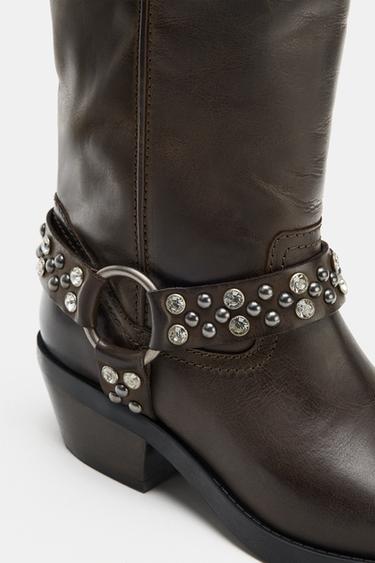 FLAT LEATHER BOOTS WITH APPLIQUÉS - Brown by Zara - Image 6