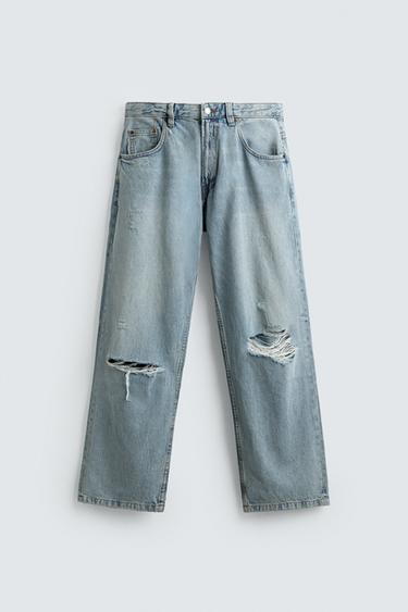 Zara RIPPED BAGGY FIT JEANS - Light blue