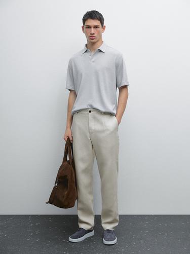 Zara Short sleeve linen blend polo shirt - Light blue - Image 0