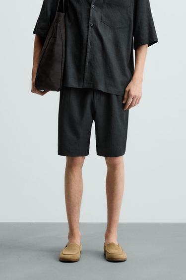 Zara OVERSIZED LINEN VISCOSE SHORTS - Black