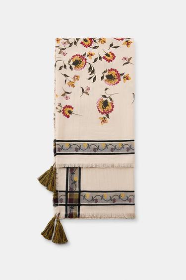 FLORAL PRINT SCARF WITH WOOL - Ecru by Zara