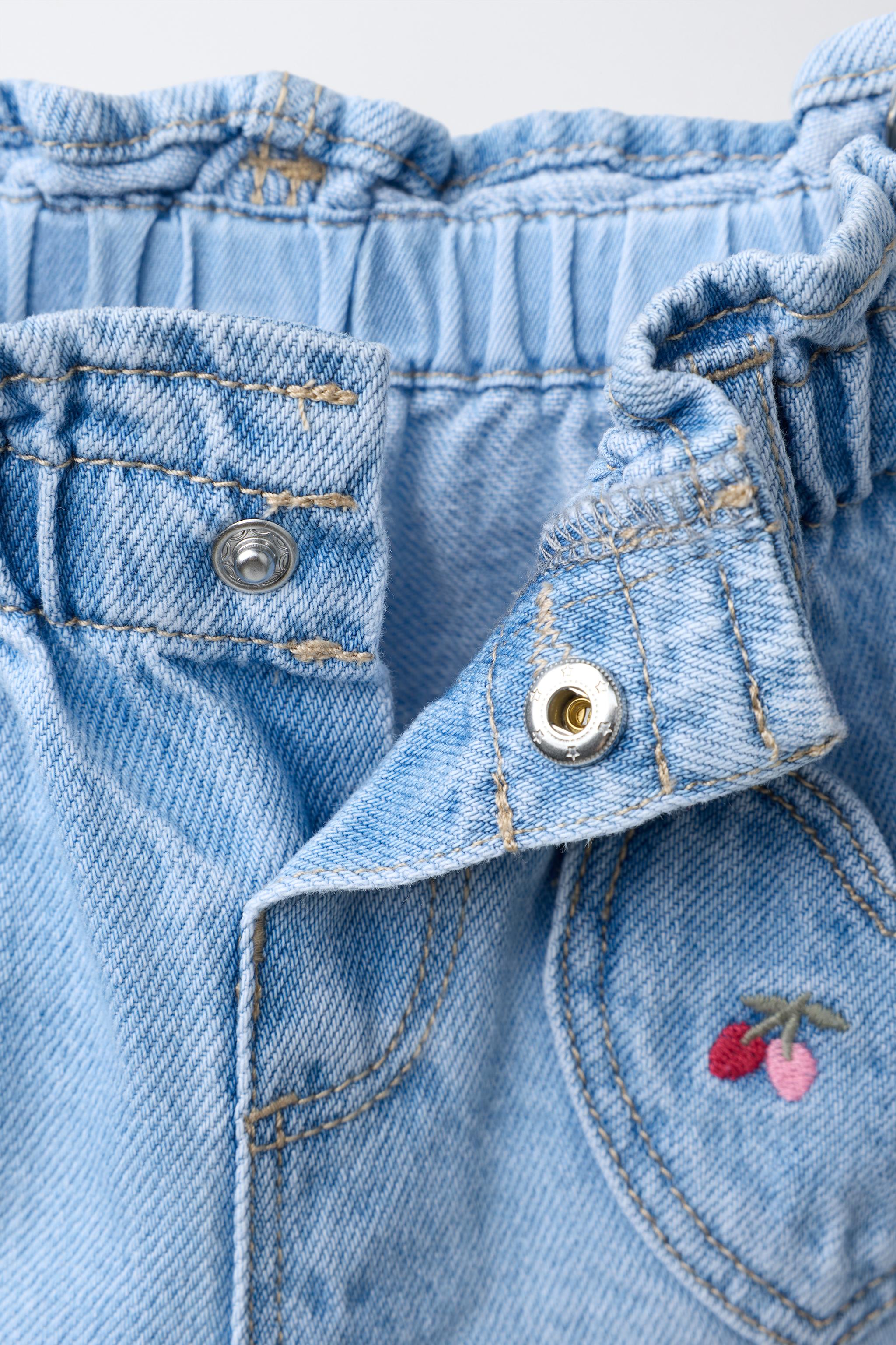 EMBROIDERED CHERRY PAPERBAG DENIM SHORTS