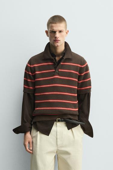 Zara STRIPED JACQUARD KNIT POLO SHIRT - Brown