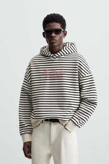 Zara TEXT PRINT STRIPED SWEATSHIRT - White / Navy