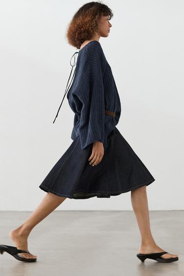 Denim godet midi skirt - Bleu de Zara