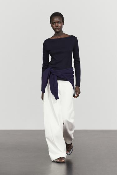 Zara Long Sleeve Boat Neck T-shirt - Navy blue - Image 0