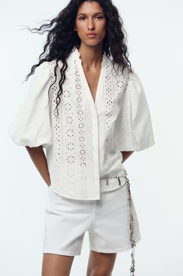 Zara PUFF SLEEVE SHIRT WITH PERFORATED EMBROIDERY - White