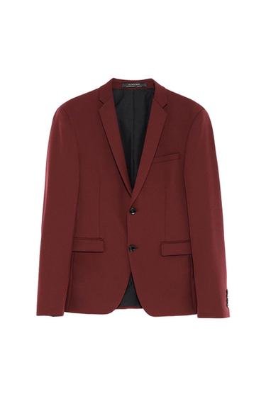 Burgundy suit jacket with classic lapels and two front buttons. Visible inner label with text "ZARA MAN".