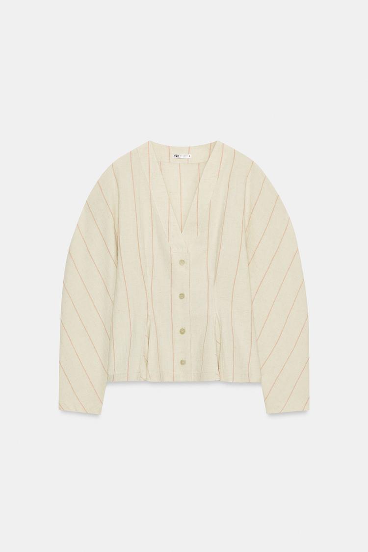 Blusa entallada a rayas de mezcla de lino 6