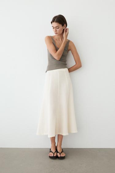 Jupe midi fluide 100 % lin - Blanc de Zara