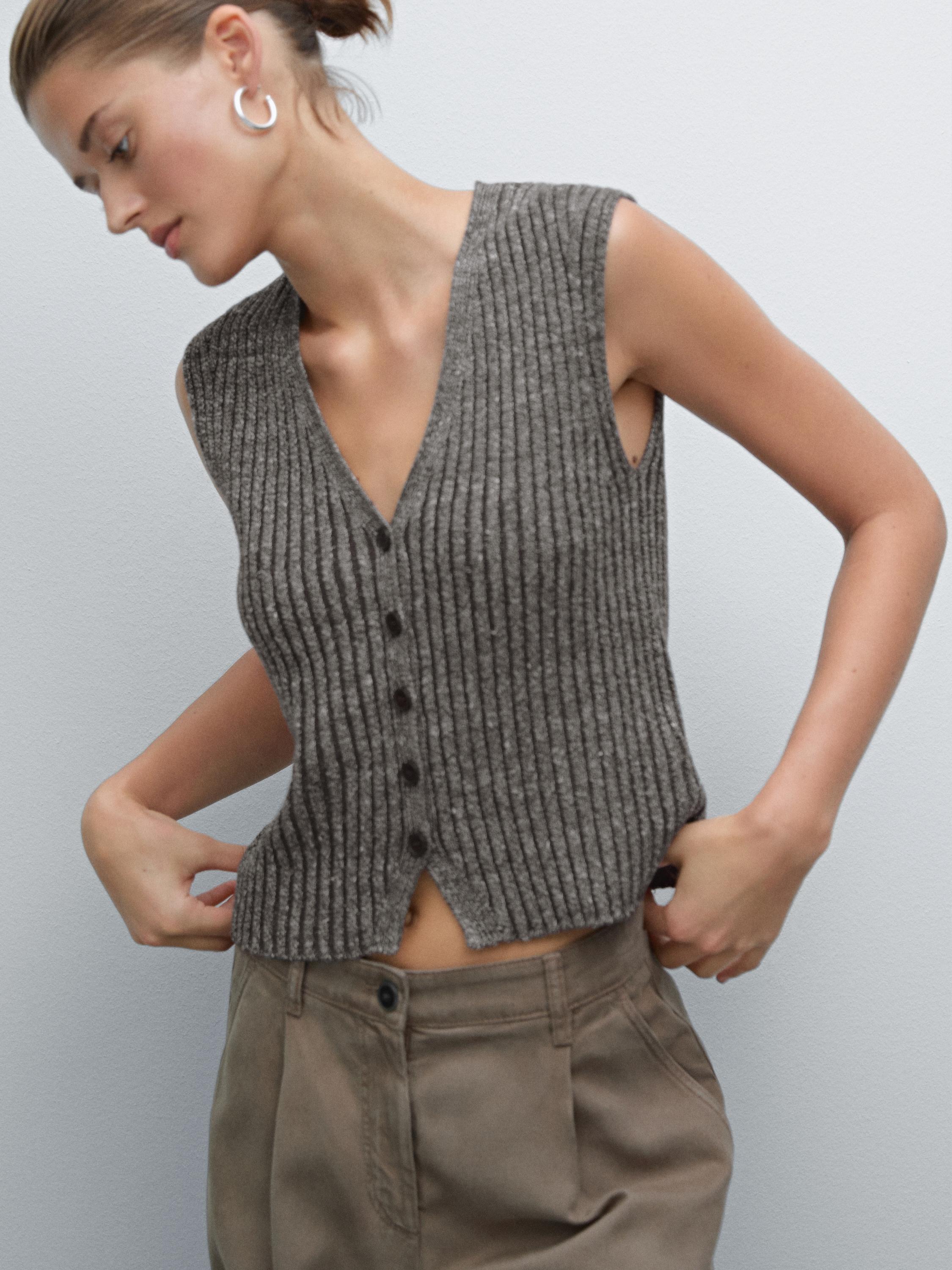 Linen blend flecked thread knit vest - Brown | ZARA United