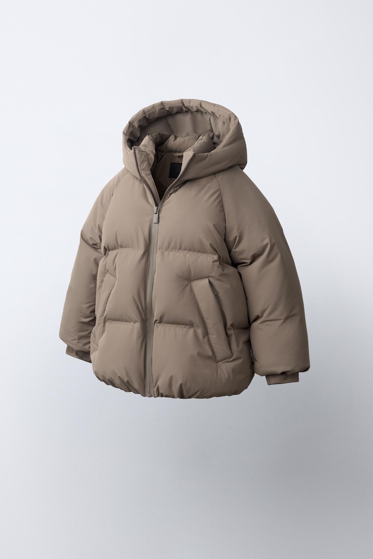 WATER-REPELLENT HOODED PUFFER COAT — Brown / Taupe
