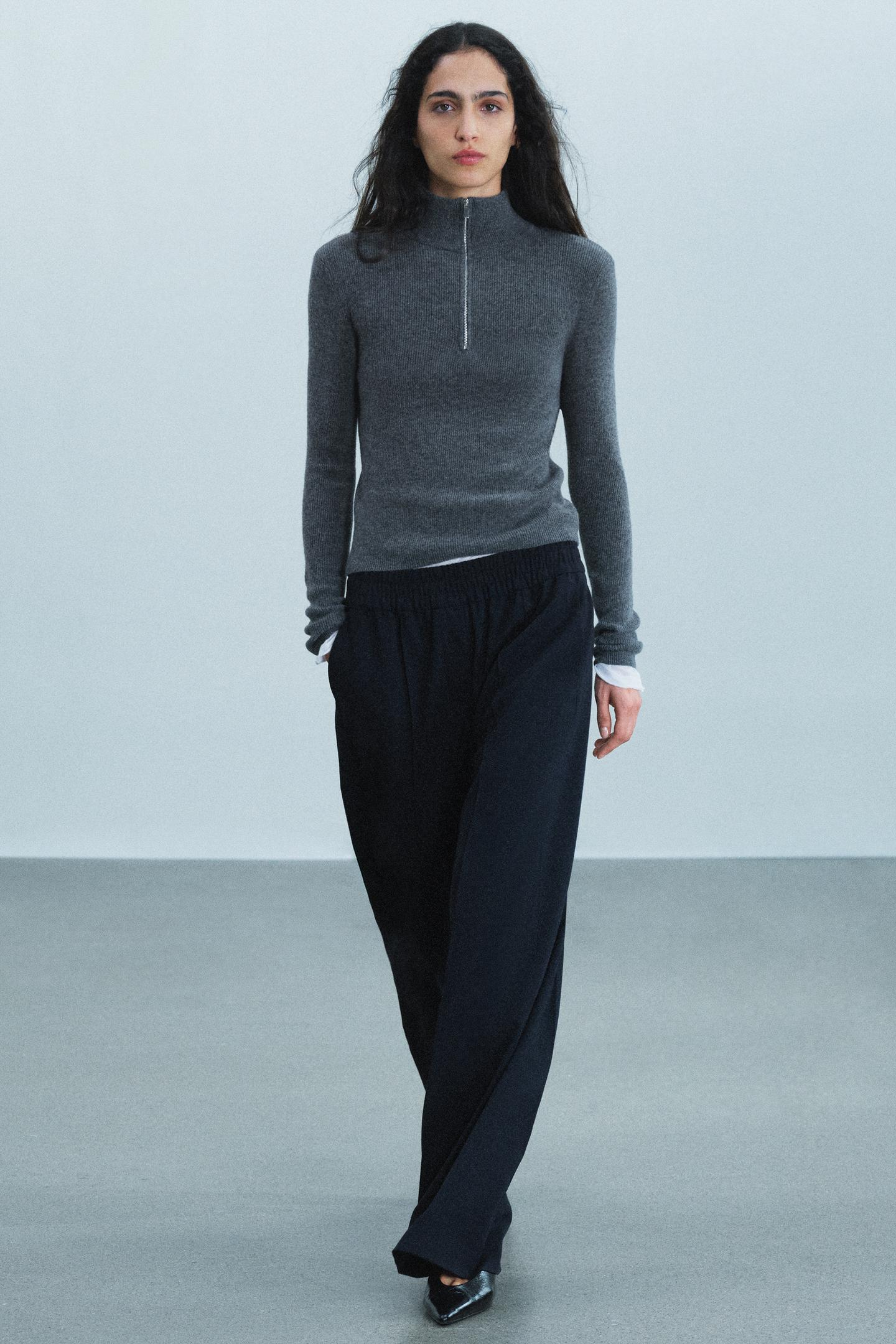Женские брюки Zara ZW Collection Wool-Blend Flowy, цвет: Тёмно-синий — фото 6