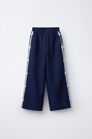 PANTALÓN WIDE LEG BANDAS ENCAJE LAZOS - Azul de Zara