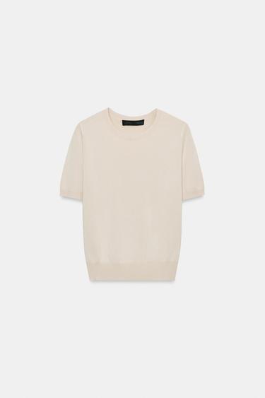 Zara PLAIN KNIT BASIC SHORT SLEEVE TOP - Stone