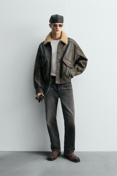 LIMITED EDITION LEATHER JACKET WITH CONTRAST COLLAR - Dark grey by Zara - Image 0