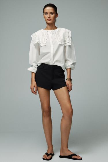 Zara ZW COLLECTION EMBROIDERED COLLAR POPLIN SHIRT - Oyster-white