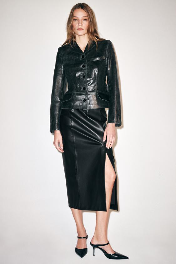 Zara ZW COLLECTION 100% LEATHER TOPSTITCHED BLAZER - Faded black - Image 0