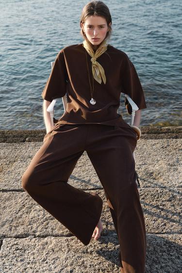 WASHED EFFECT INTERLOCK T-SHIRT - Dark brown by Zara