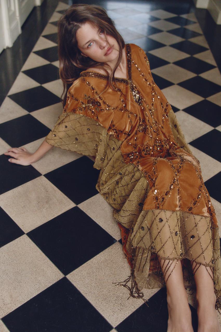 LIMITED EDITION VELVET, SEQUIN, AND BEADED CONTRAST DRESS - Brick | ZARA Australia LIMITED EDITION VELVET, SEQUIN, AND BEADED CONTRAST DRESS - Brick | ZARA Australia