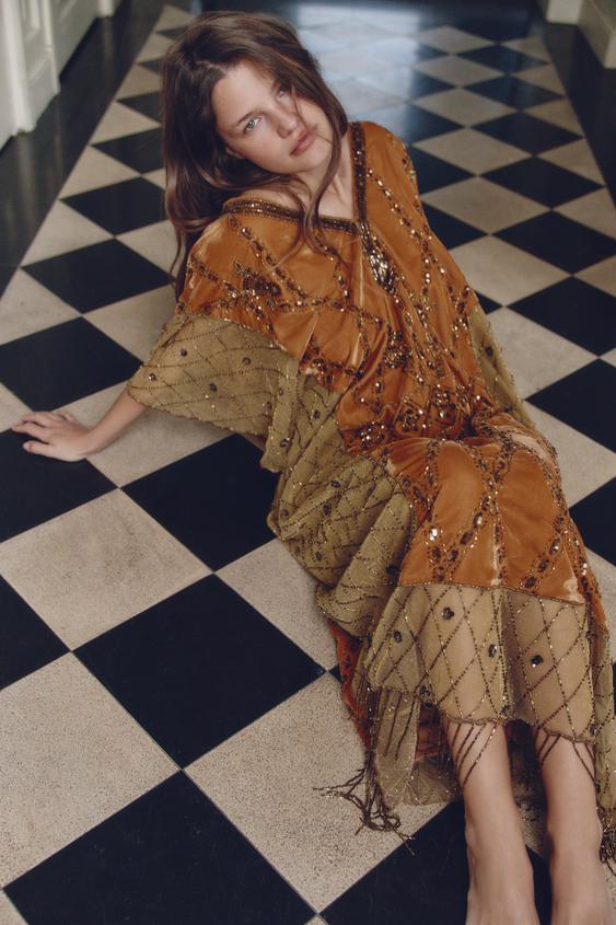 velvet sequin dress zara LIMITED EDITION VELVET, SEQUIN, AND BEADED CONTRAST DRESS - Brick