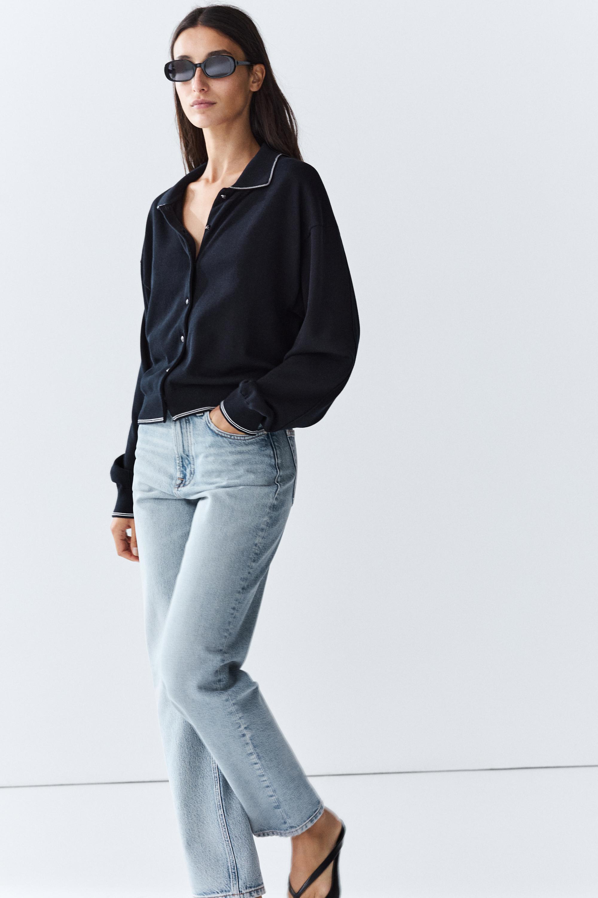 100% cotton contrast polo collar cardigan