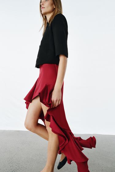 JUPE MIDI À VOLANTS ZW COLLECTION - Rouge de Zara - Image 1