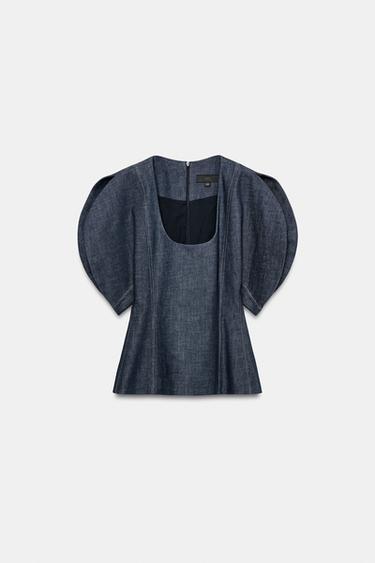 BLOUSE EN DENIM MANCHES BOUFFANTES ZW COLLECTION - Bleu de Zara - Image 5