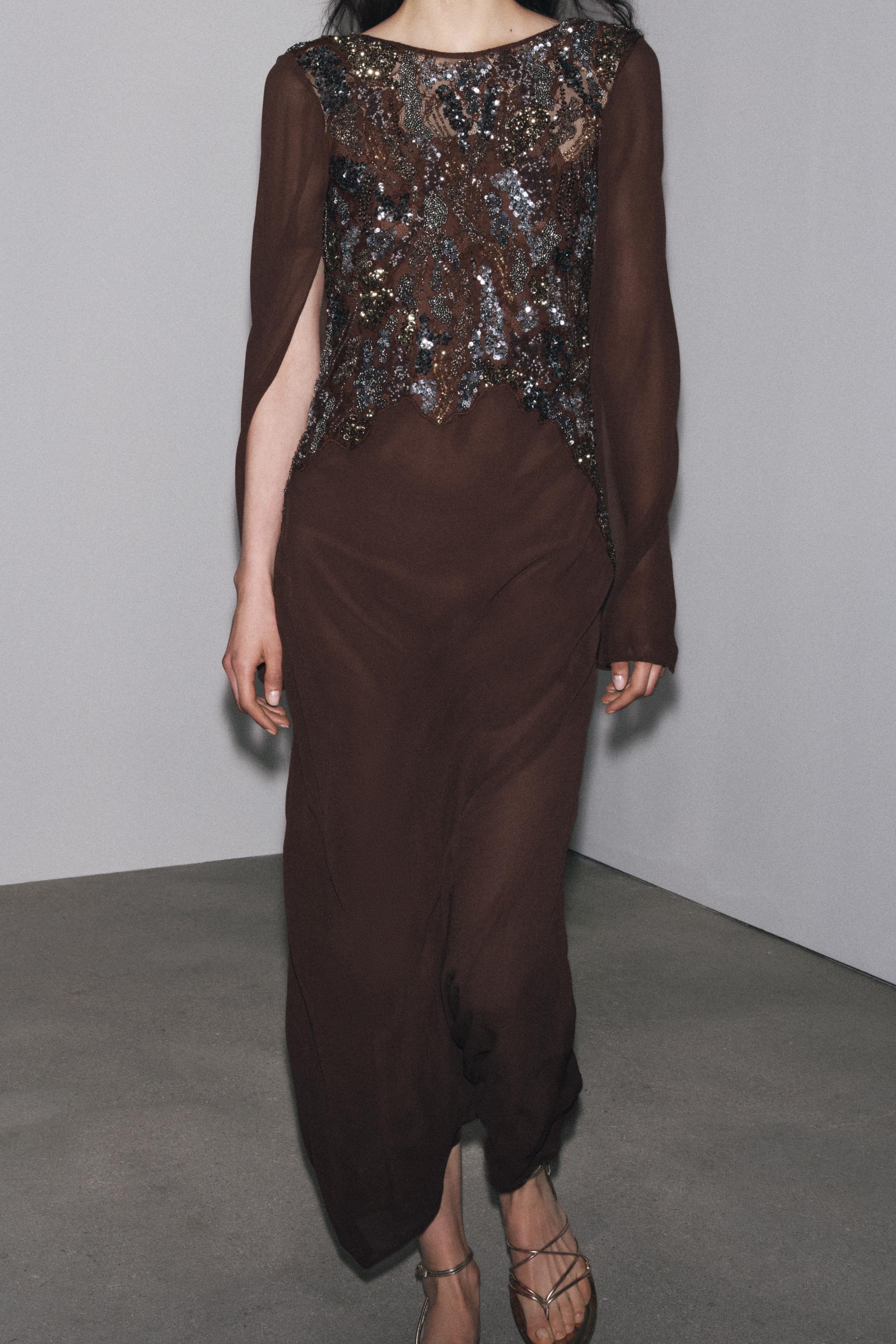 EMBROIDERED DRESS ZW COLLECTION - Brown | ZARA United States
