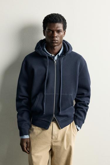 CONTRAST PIQUÉ HOODIE — Navy blue 2