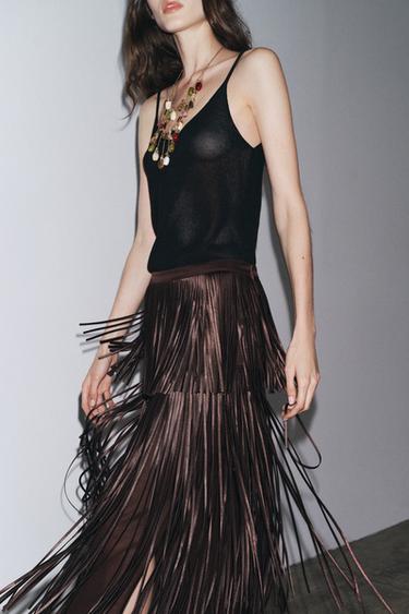 JUPE MIDI À FRANGES - Marron de Zara - Image 2