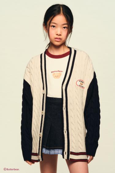 CABLE-KNIT CARDIGAN WITH BUTTERBEAR © EMBROIDERY - Dark navy by Zara
